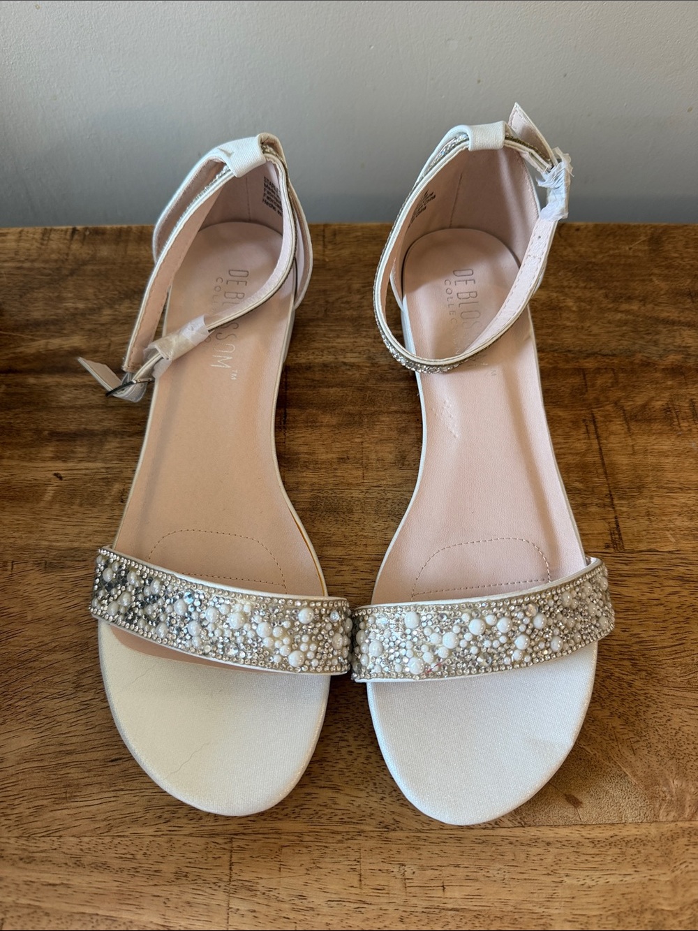 De blossom Pearl & Bead Embellished Ivory Ankle-Strap Sandals